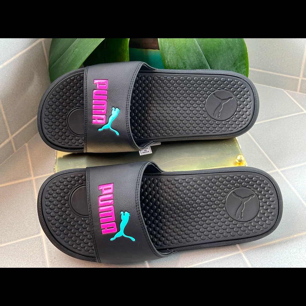 Women’s Size 10 Black Cool Cat Puma Slides with Purple & Teal accents